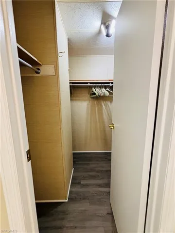 Walk in closet with dark wood-style flooring
