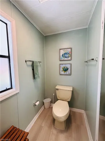 Bathroom with toilet and ornamental molding