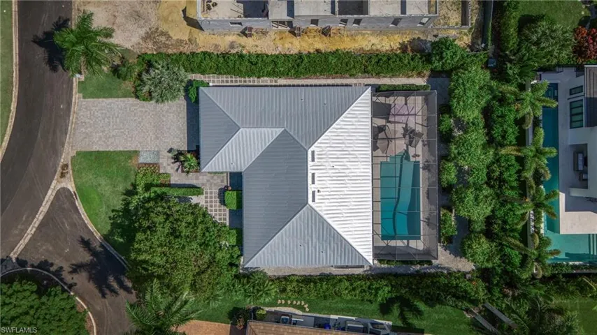 View from above of property featuring a pool