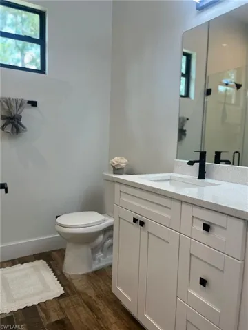 Bathroom featuring vanity, dark wood-style floors, and a shower stall