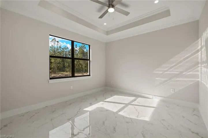 Spare room with a tray ceiling, ceiling fan, and ornamental molding