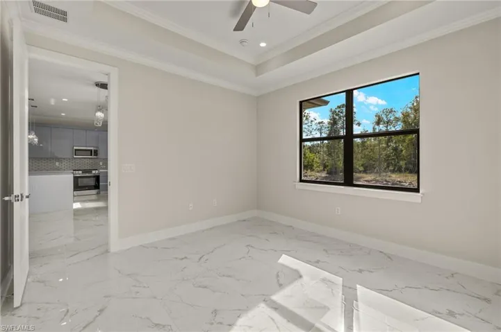 Spare room with ceiling fan, a raised ceiling, and crown molding