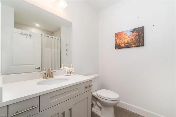 Bathroom featuring wood finished floors, vanity, and curtained shower