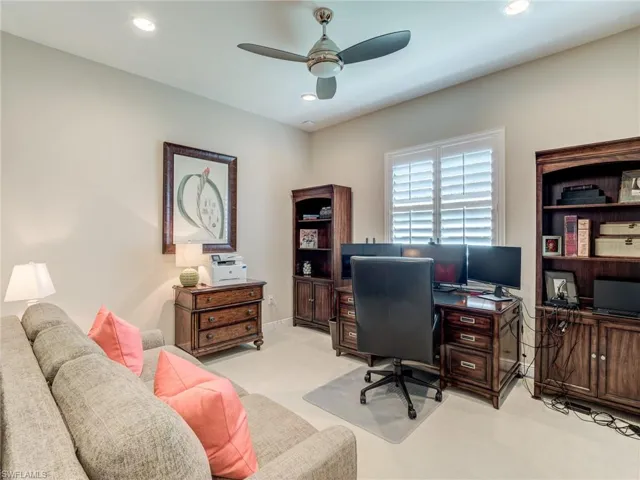 Home office or third guest room with Queen plus sleeper sofa, recessed lighting, and ceiling fan