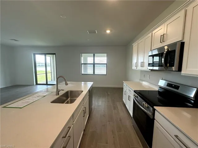 Kitchen with white cabinetry, dark hardwood / wood-style floors, appliances with stainless steel finishes, and sink
