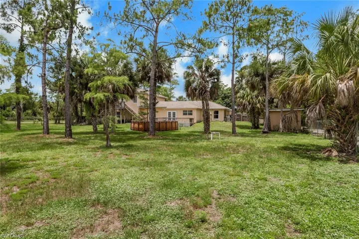 Expansive grass area featuring a variety of mature trees and a rear house exterior with multiple windows