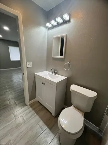 Bathroom with vanity, wood-type flooring, and toilet