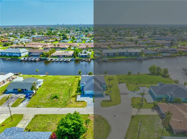 Aerial perspective of suburban area featuring a large body of water