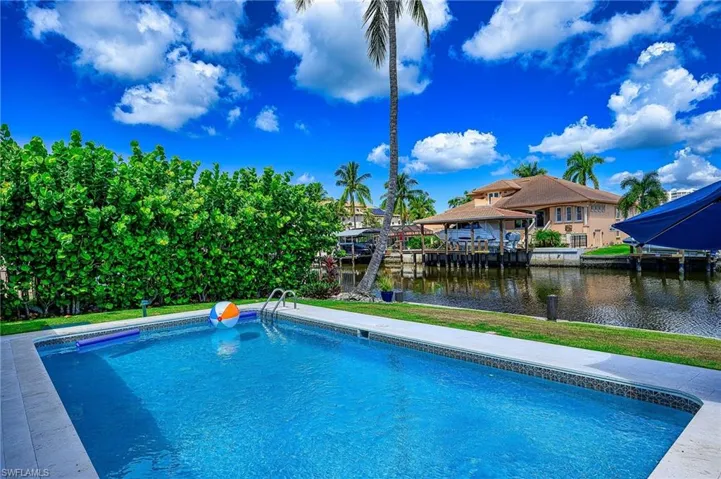 View of pool with a water view