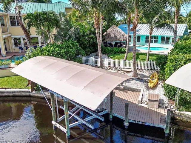 Aerial view of the backyard oasis with dock