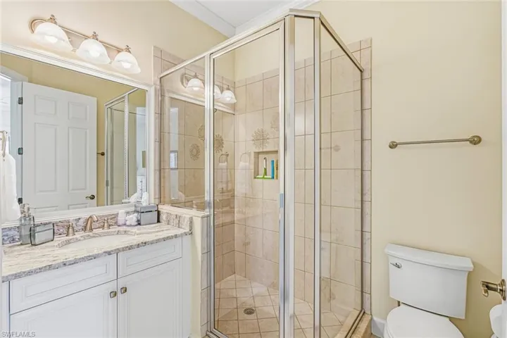 Bathroom with vanity, a shower stall, and ornamental molding