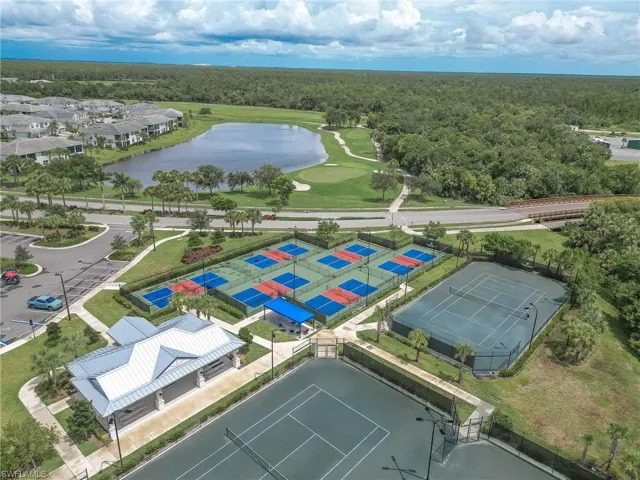 Bird's eye view of a large body of water and a forest