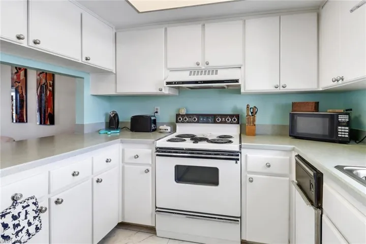 Kitchen with dishwasher, ventilation hood, white cabinets, electric stove, and kitchen peninsula