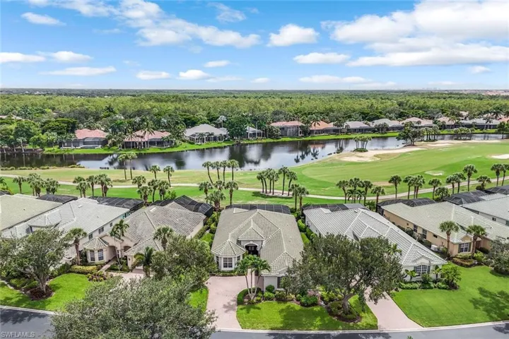 Aerial highlighting the large body of water and a golf course view behind your new home