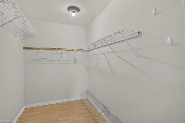 Walk-in closet with wire shelving, wood-finish flooring, and ceiling-mounted light fixture