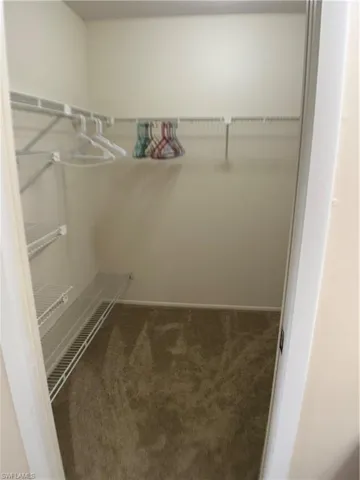Walk in closet featuring dark colored carpet