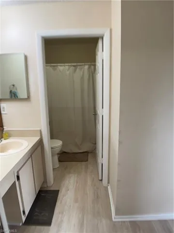 Bathroom with vanity, light wood finished floors, and curtained shower