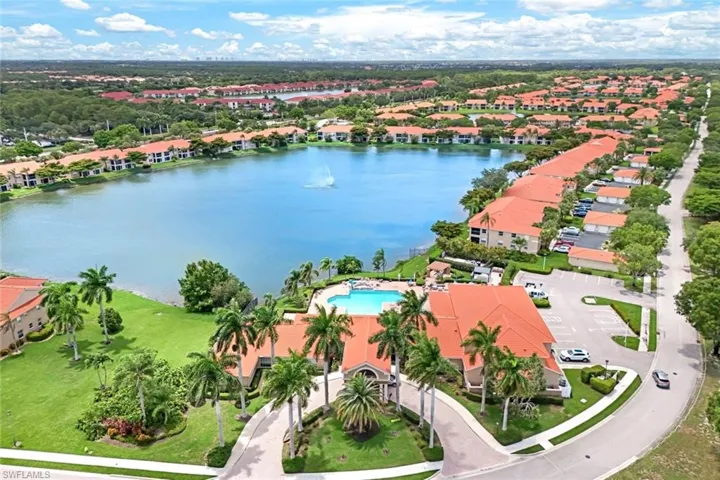 Birds eye view of property with a water view