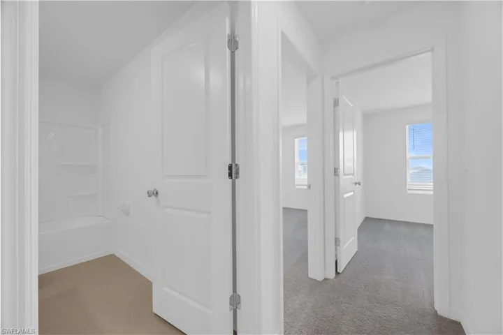 Bright interior hallway featuring white doors and trim, leading to a room with neutral gray carpeting and multiple windows with horizontal blinds
