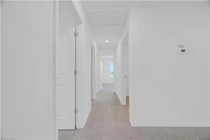 Hallway featuring light gray carpeting, white walls, multiple interior doors, and a ceiling-mounted light fixture