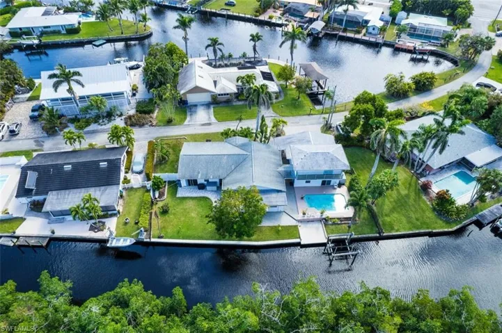 Birds eye view of property with a residential view and a water view