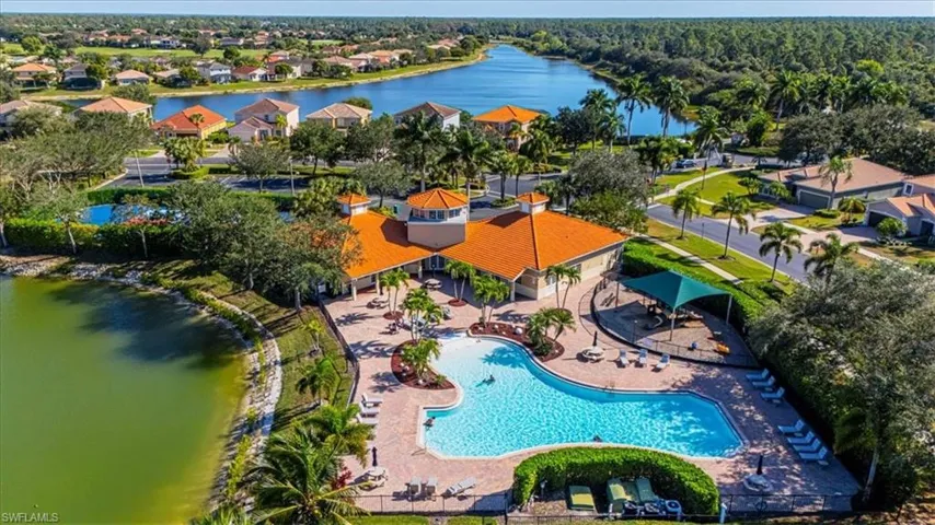 Aerial view of Lake, Community Clubhouse, Amenities & Pool.