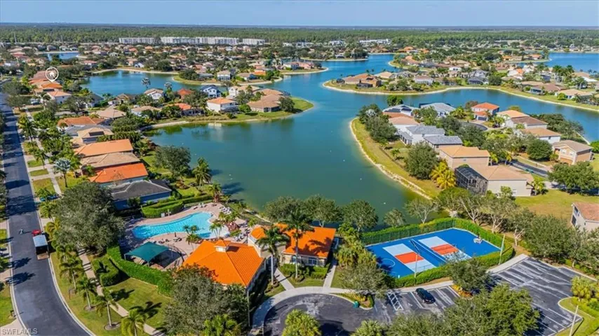 Aerial view of Lake, Community Clubhouse, Amenities & Pool.