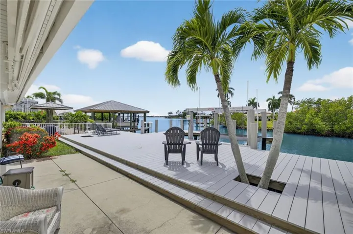 Dock featuring a water view and a patio area