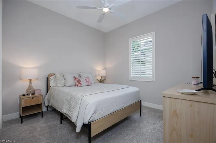 Carpeted room featuring a ceiling fan, window with white plantation shutters, and light gray wall paint