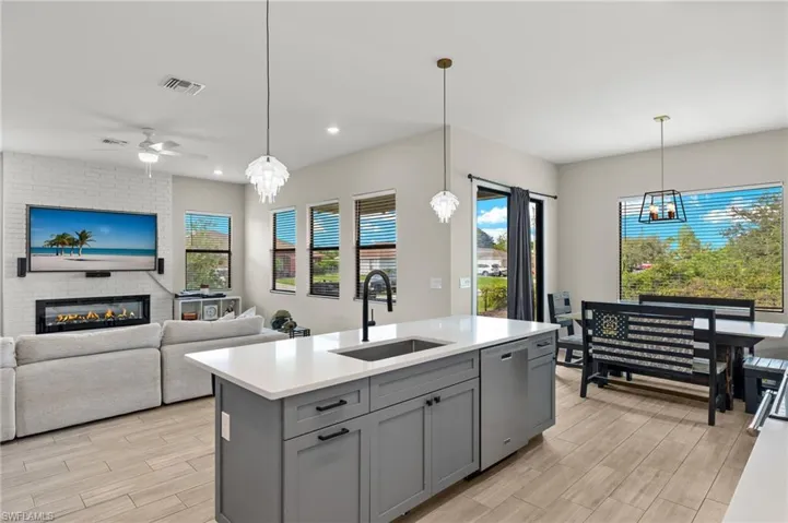 Kitchen featuring a brick fireplace, stainless steel dishwasher, a healthy amount of sunlight, and sink
