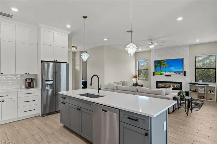 Kitchen featuring stainless steel appliances, white cabinetry, plenty of natural light, and a fireplace