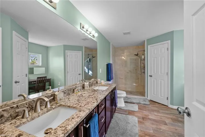 Bathroom with walk in shower, wood-type flooring, toilet, and vanity