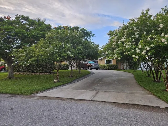 View of property hidden behind natural elements with a front yard and concrete driveway
