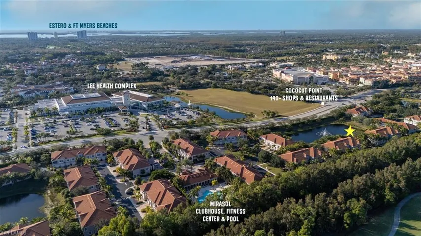 Aerial view of property and surrounding area with a large body of water