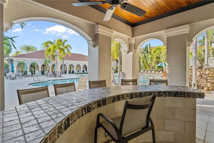 View of patio / terrace featuring a ceiling fan and a community pool