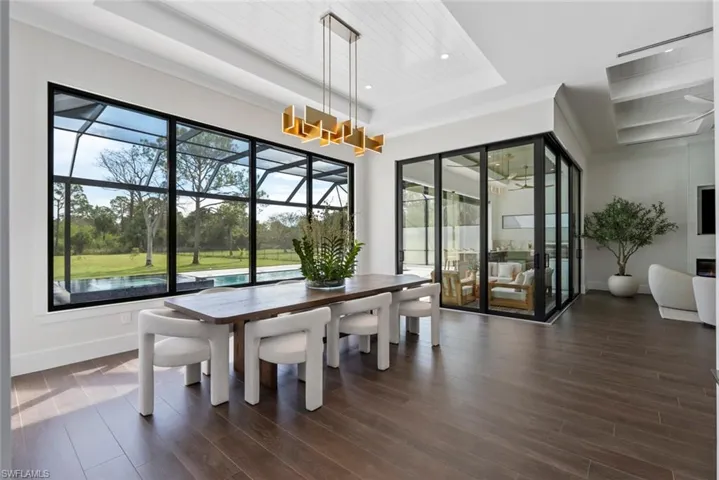 Dining room featuring dark wood-type flooring, a tray ceiling, and a wealth of natural light