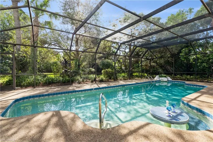 View of swimming pool with a patio and a lanai