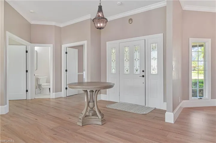 Foyer featuring light hardwood / wood-style flooring, a healthy amount of sunlight, and ornamental molding