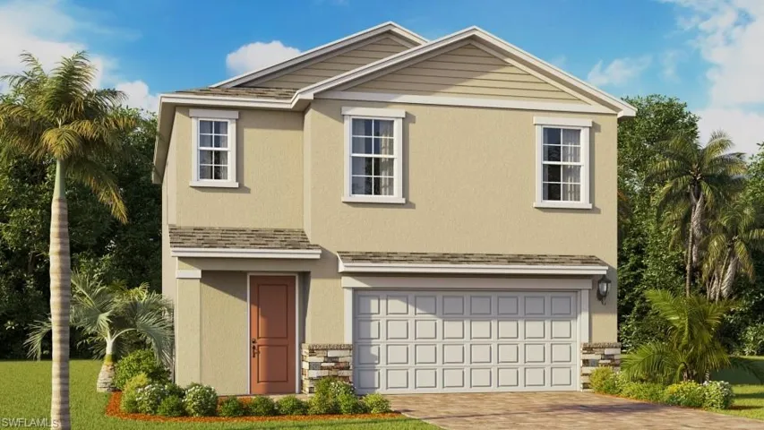 Two-story exterior featuring stucco siding, stone veneer accents, an attached two-car garage, and a paved driveway