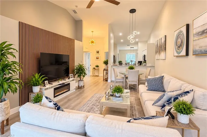 Vaulted ceilings and wood-finish flooring