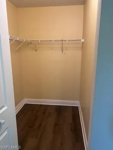 Walk in closet featuring dark wood-style flooring