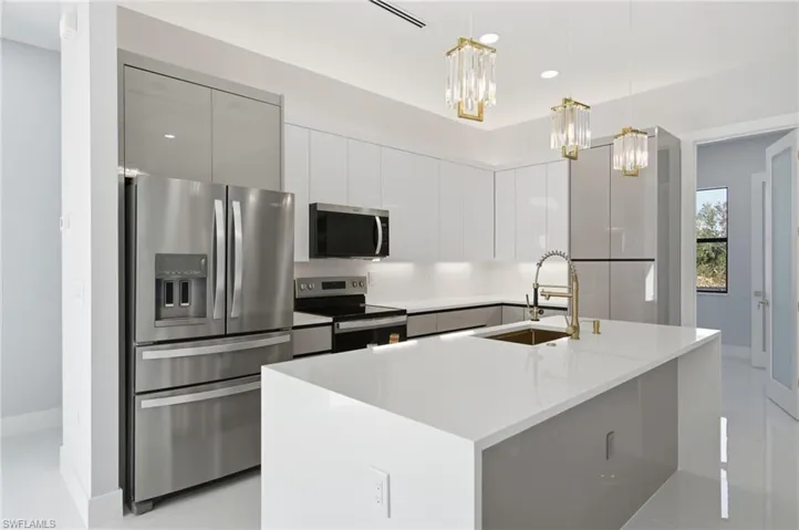 Kitchen featuring modern cabinets, stainless steel appliances, white cabinetry, pendant lighting, and a center island with sink