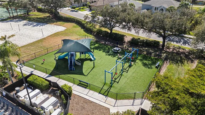 Aerial view of residential area with a community park
