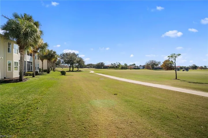 Surrounding community with a lawn and golf course view