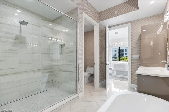 Full bathroom featuring vanity, independent shower and bath, and toilet