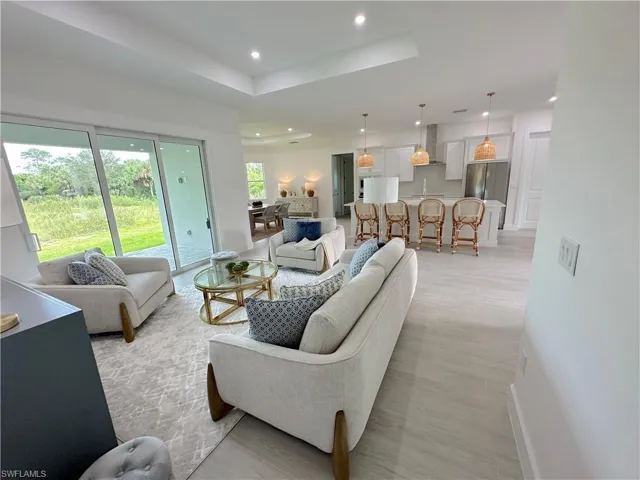 Living room featuring a raised ceiling
