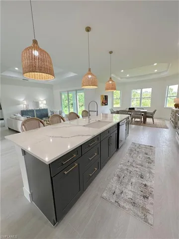 Kitchen with a spacious island, light hardwood / wood-style floors, a raised ceiling, and sink