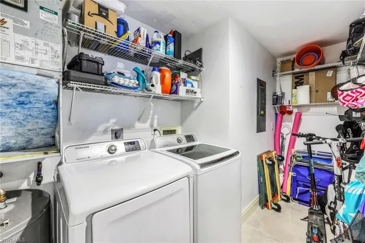 Laundry room featuring electric panel and independent washer and dryer