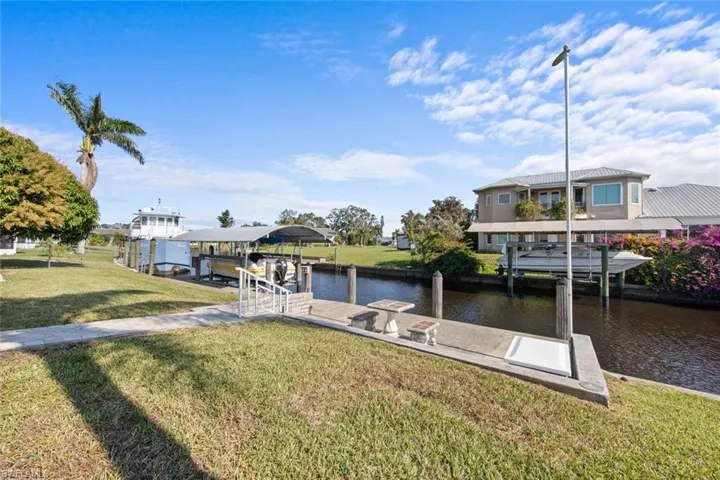 View of dock featuring a lawn and a water view