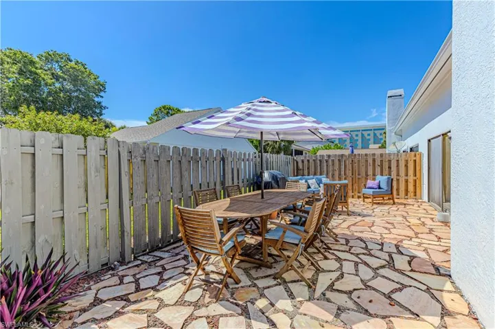 Fenced backyard featuring a patio area and outdoor dining area